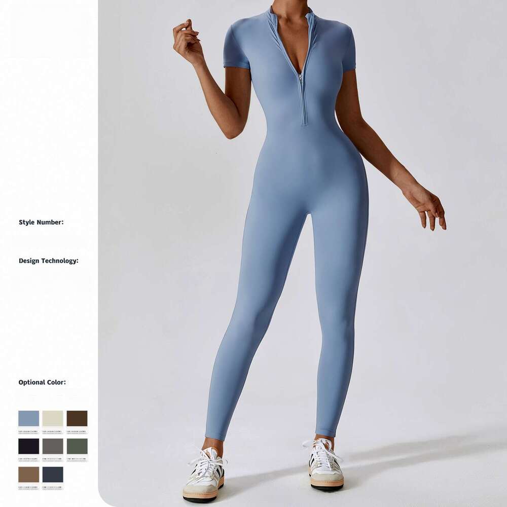 European American zipper short sleeved nude yoga women wearing fiess sports jumpsuit 8305, new casual and versatile fashion clothing for 2025