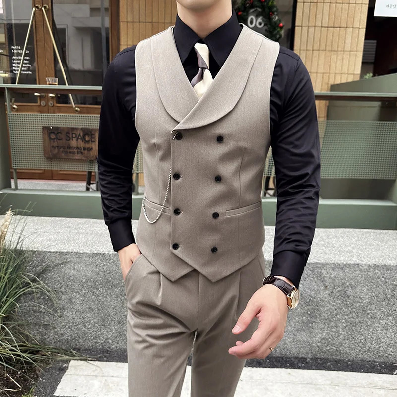 High Quality Autumn Double Breasted Suit Vest Men Business Formal Sleeveless Slim Fit Wedding Groom Banquet Party Waistcoat 250228Z