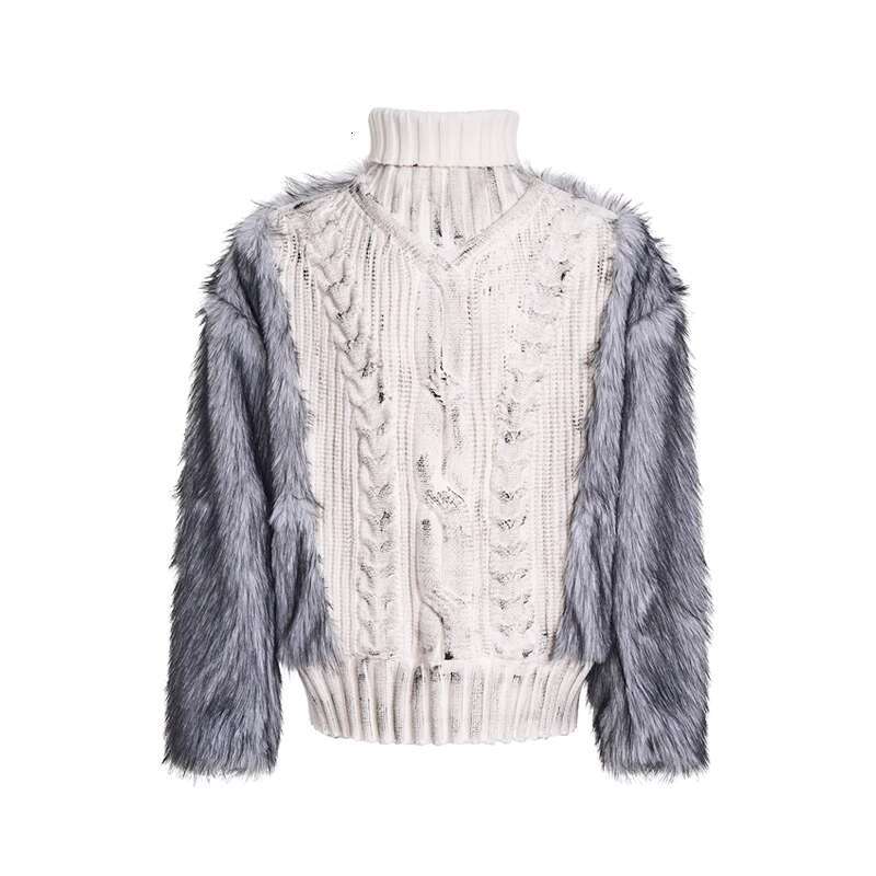 S men's high neck spliced sweater, autumn and winter, thick velvet lining and hand-painted knitted sweater Fur spliced sweater