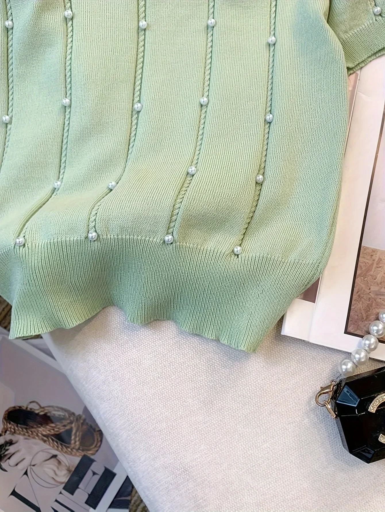 2025 Thin Solid Color Crew Neck Beaded Sweater Chic Short Sleeve Knit Top For Spring Summer Womens Clothing Crop 250225