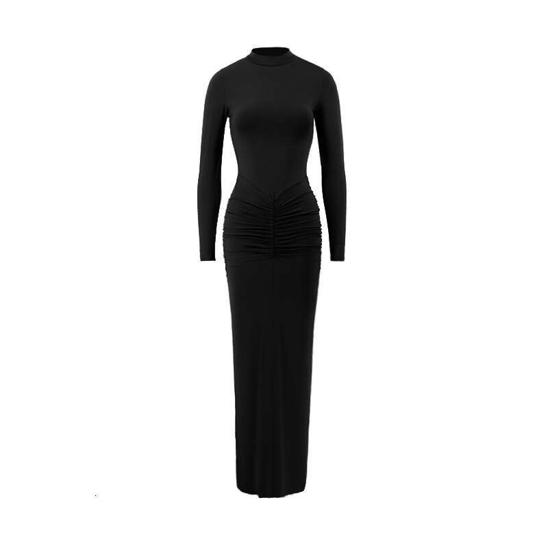 European American autumn winter temperament socialite private dress standing collar sleeved waist slim fit bag hip cinched pleated long skirt 2025 new
