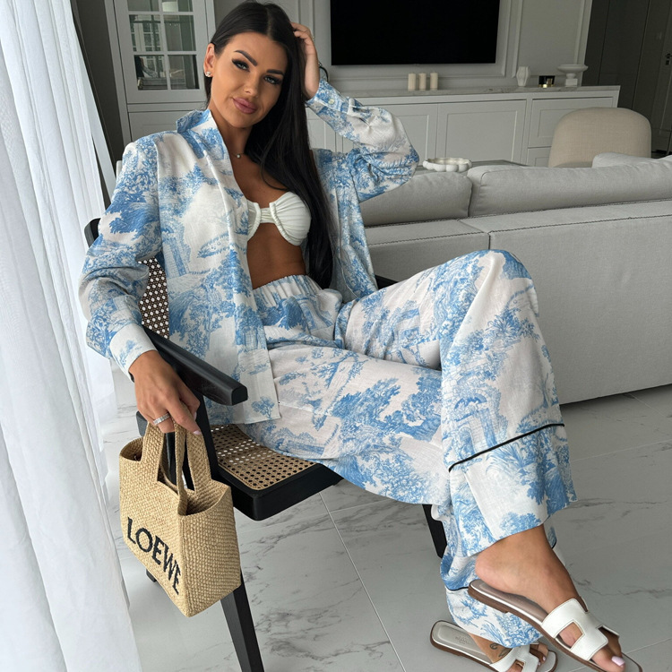 New4 New Chinese Style Ink Printing For Women's Wear, Flip Collar Shirt, High Waist Pants, Fashion Two Piece Set