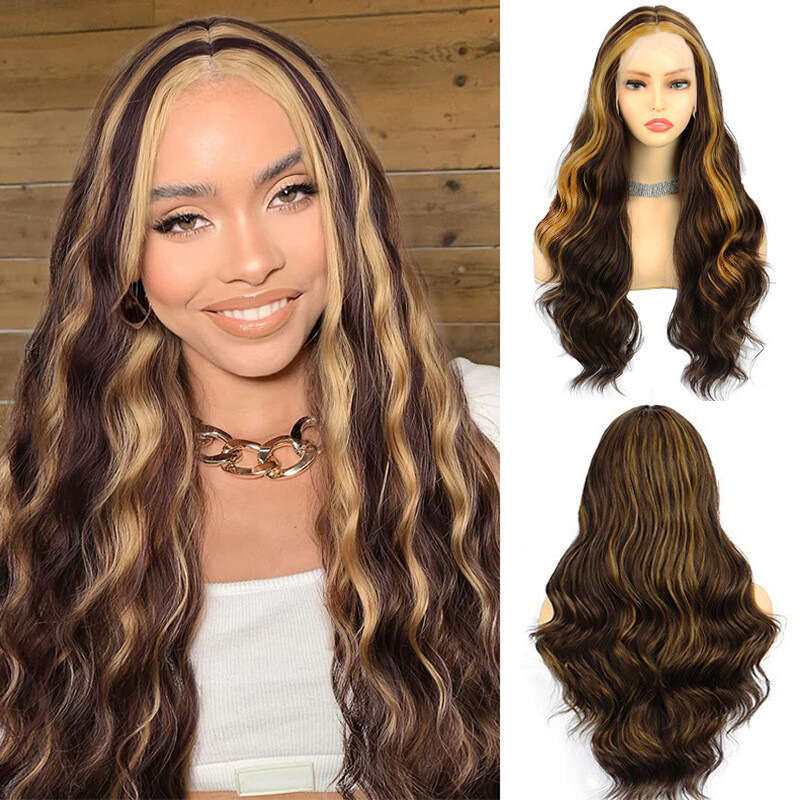 HD Front Lace Wig Front Female Hand Hooked Big Wave Long Curled Hair Synthetic Full Headset Lace Wig Pickled Gradient Gold