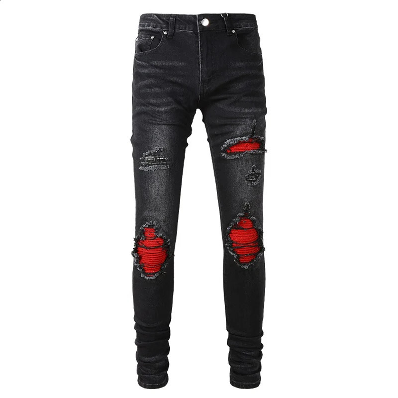 Mens Cracked Red Pleated Patch Biker Jeans Streetwear Patchwork Stretch Denim Pants Skinny Tapered Black Trousers 250228