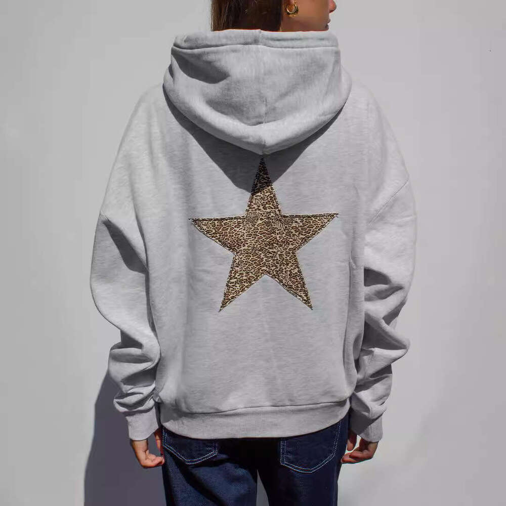 New women's long sleeved star printed shoulder down hooded with drawstring sweatshirt