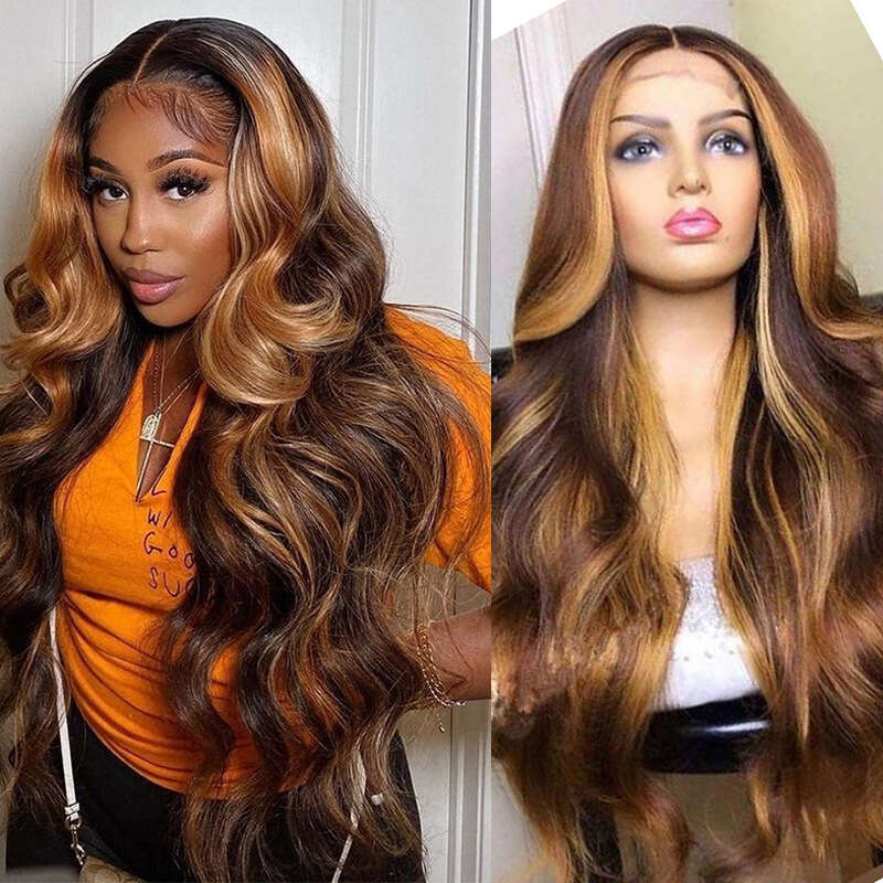 HD Front Lace Wig Real Front Headset Body Wave Human Hair Lace Wig Gradient Gold