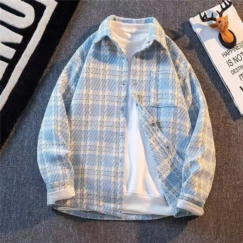 Vintage Plaid Kint Shirt For Men Autumn Winter Thick Long Sleeve Jacket Tops Coat Fashion Casual Hip Hop Oversized Shirts Male 250228