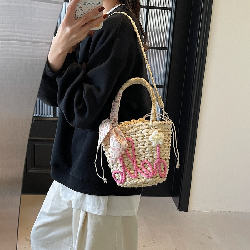 Handheld straw bucket for women 2025 new summer fashion woven single shoulder crossbody bag, vacation beach bag #swissmilitary