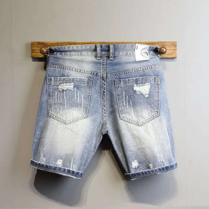 Men's Jeans Summer Light Blue Ripped Cat Whisker Patch Letter Print Slim Denim Shorts Teenagers Boys And Girls Cowboy Short Pants