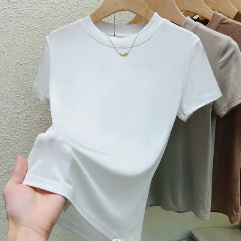 Womens Elastic Crew Neck T-Shirt Solid Ribbed Tops Pink Short Sleeve Tight Bottom Basic Shirt Casual Sexy Slim Summer Tops TeeT250228