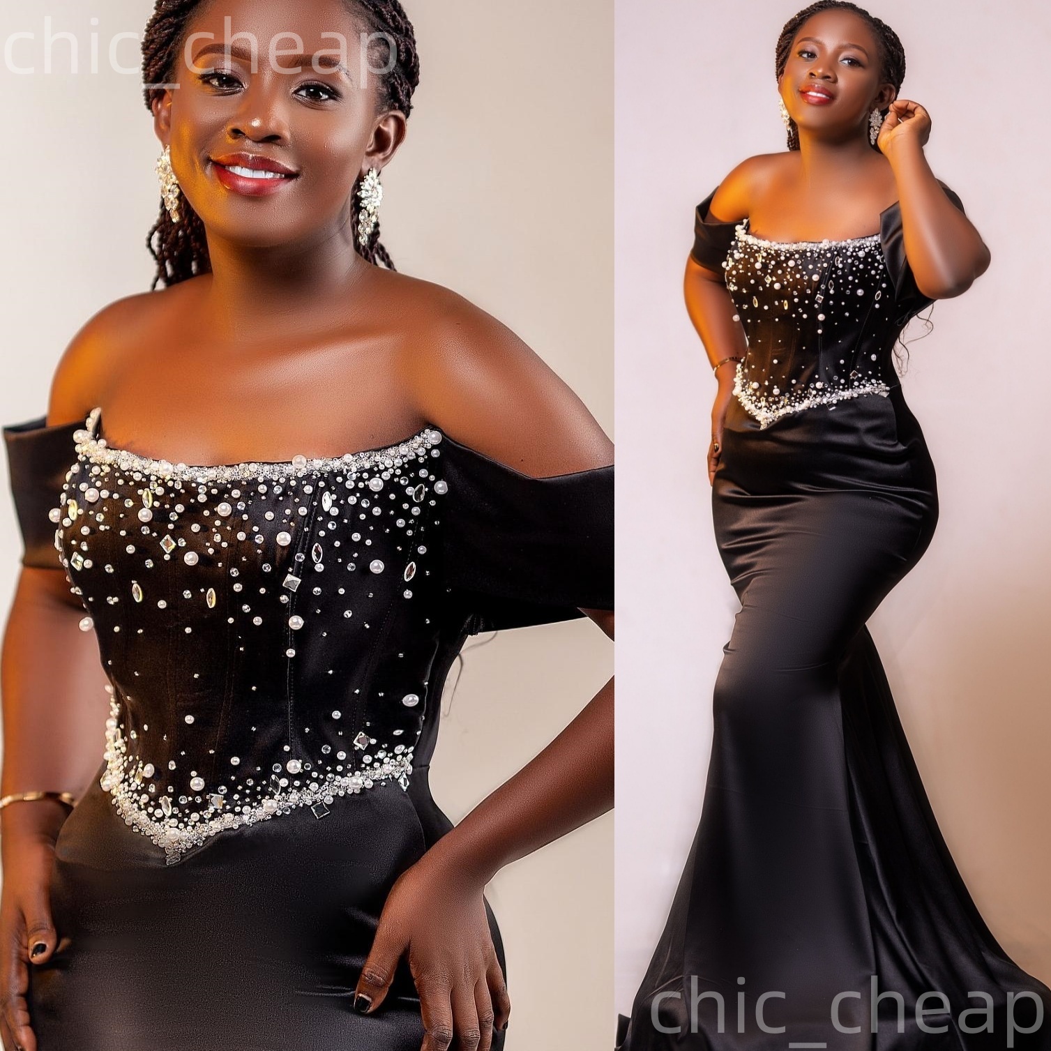 Black Mermaid Prom Dresses 2025 Beaded Crystals Satin Strapless Evening Formal Party Second Birthday Engagement Gowns Plus Size Dress For Special Occa