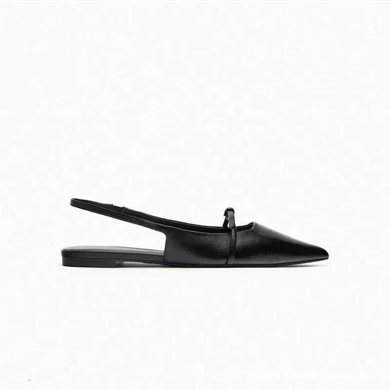 Sgback Flat Bottom Women Sandals Summer Black Leather Pointed Ballet Fashion Low-heel Woman Shoes