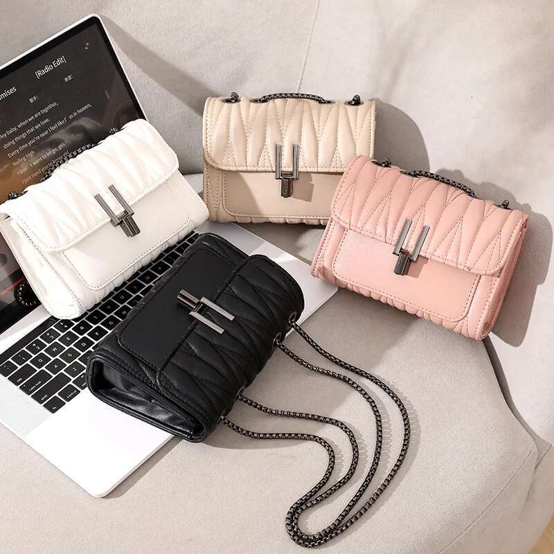 Fashionable Gge Girl Crossbody New Little Fragrance Chain Shoulder Simple Solid Color Crinkled Women's Bag PU