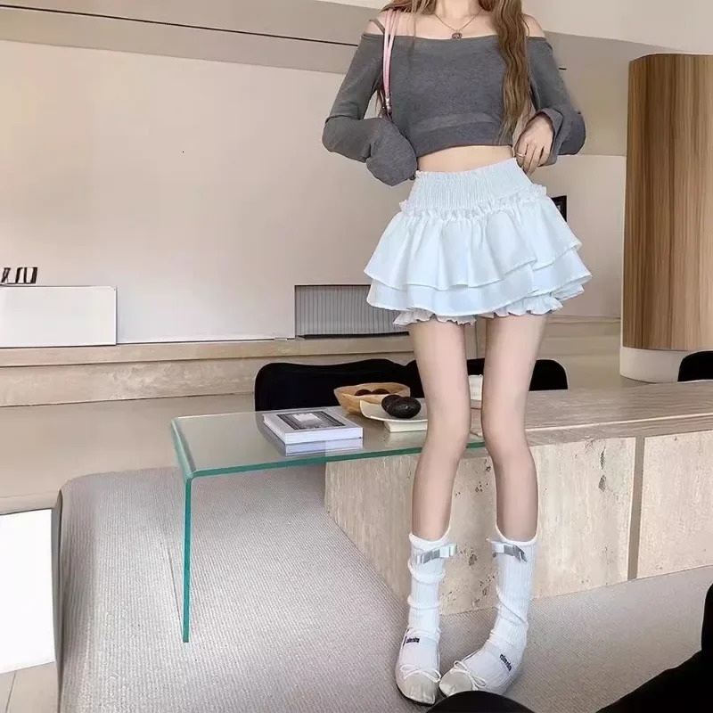 Mini Skirt Cute Sexy Balletcore Elastic High Waist Ball Gown Ruffle Patchwork Lolita Short Korean Sweet Y2K Women Clothing 250226
