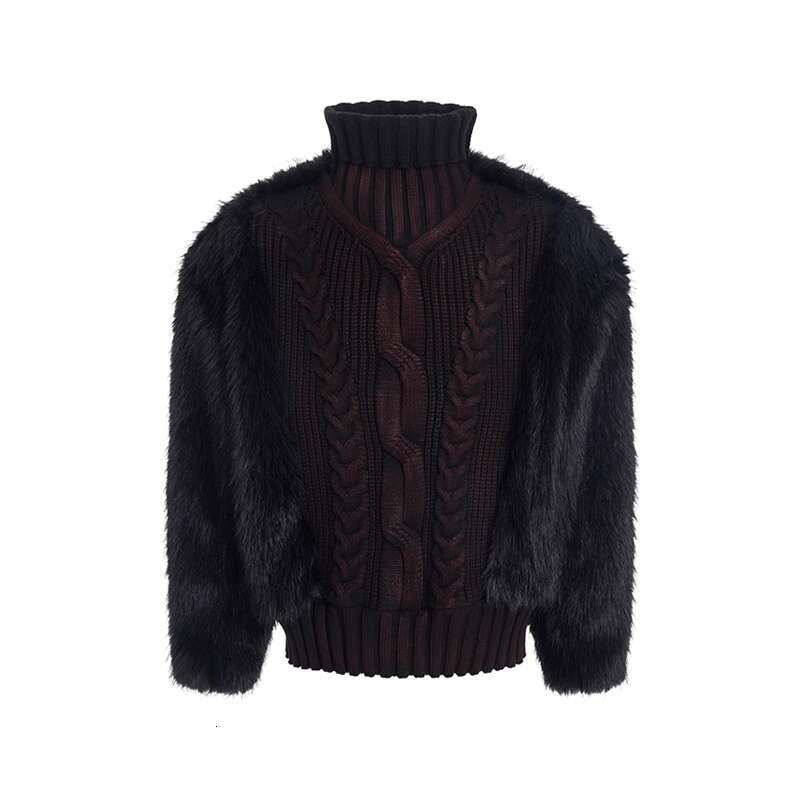 S men's high neck spliced sweater, autumn and winter, thick velvet lining and hand-painted knitted sweater Fur spliced sweater