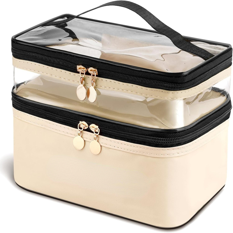 Ship from US Beige Leather Double Layer Large Chic Cosmetic Bags Stylish Womens Favorite Beauty Accessory Spacious and Organized Makeup w250227FBB