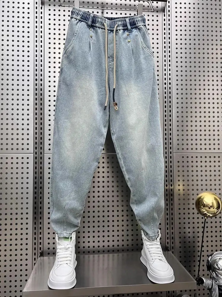 Vintage Distressed Washed Blue Jeans Men Casual Loose Harem Jogger Pants Carrot Tapered Leg Spring Autumn Retro Fashion 250228Z