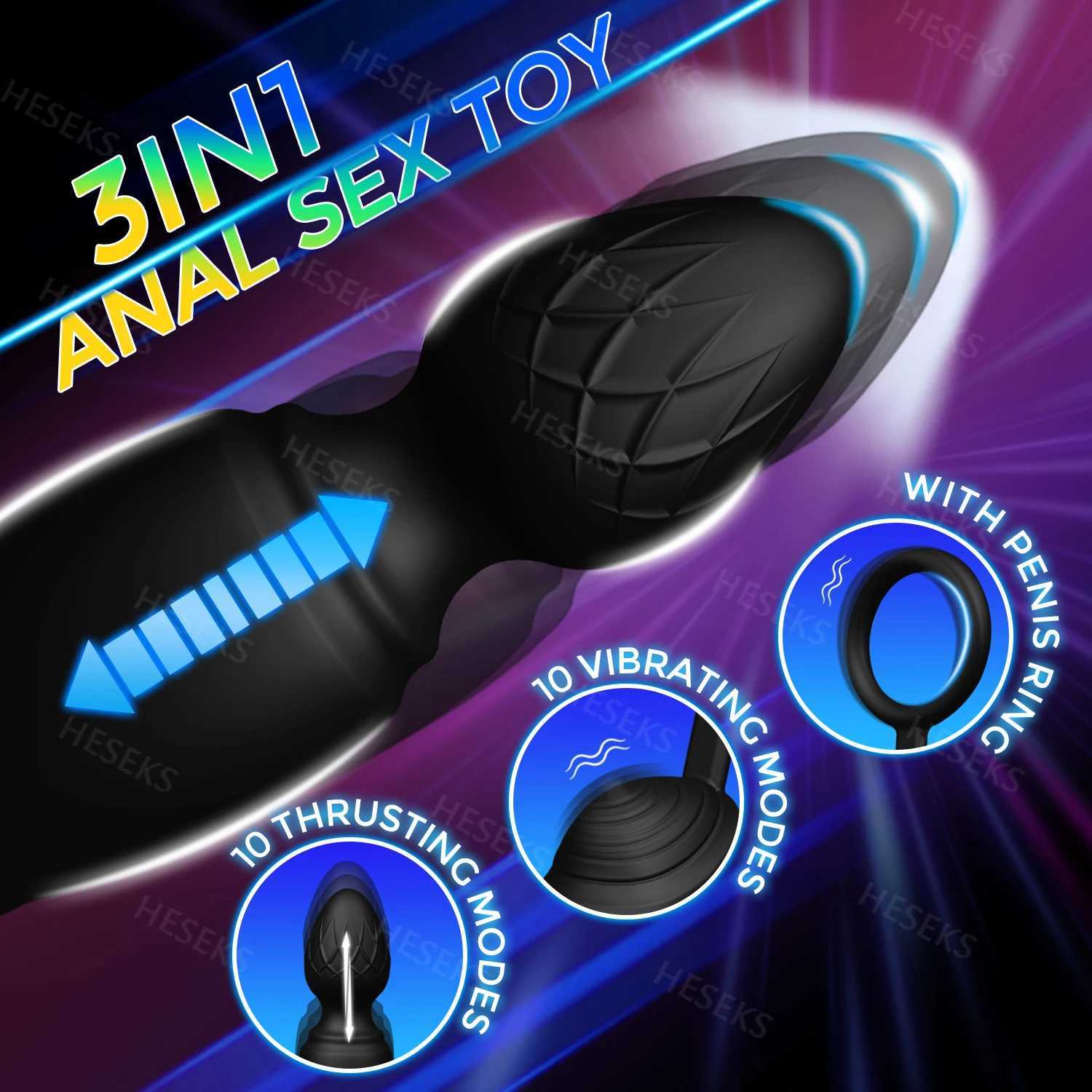 HESEKS Male Thrusting Prostate Massager Wireless Remote Control Anal Plug Dildo Butt Plug Telesic Cock Ring Sex Toys for MenW250228