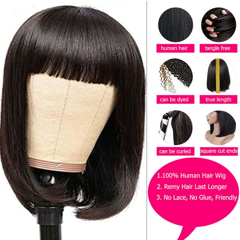 HD Front Lace Wig Natural Color Short Straight Hair Real Wig Women S Headband With Bangs Bob Wigs Human Hair