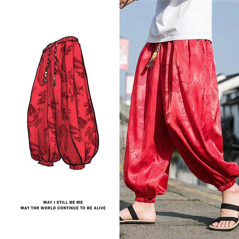 FGKKS Outdoor Pants For Men Lce Silk Dragon Dark Flower Loose Bloomers High Quality Wide Leg Casual Trousers Male 250227