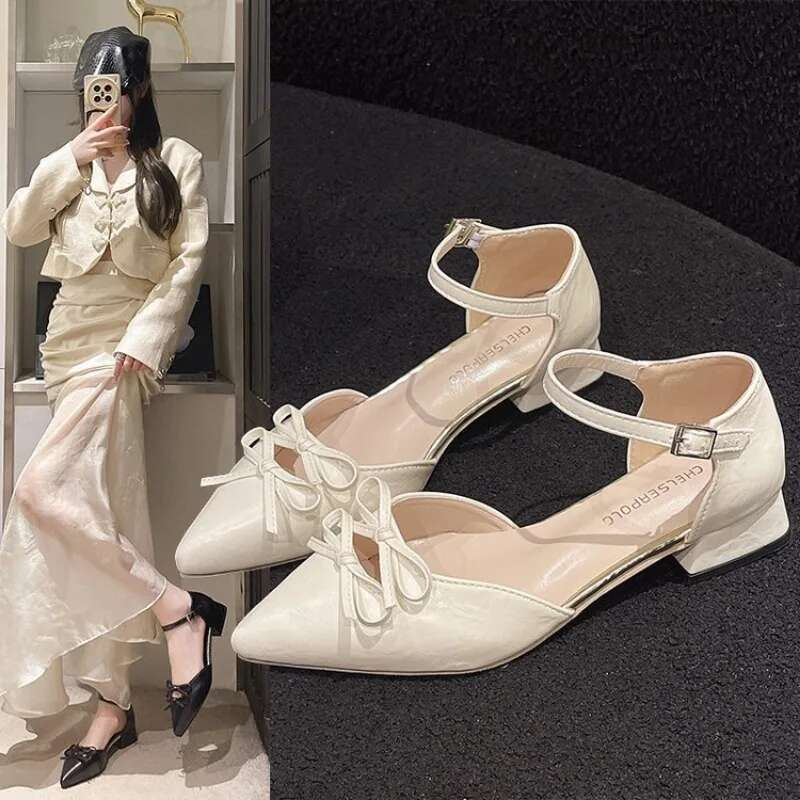 Spring New Baotou Slippers for Women Fashion Pointy Shallow Mouth Butterfly Knot Hollow-out e with Non-slip Low Heels