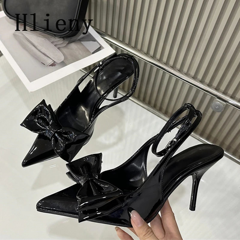 White Wine Red Ankle Strap Stilettos For Woman Patent Leather Bow Pointed Toe Slingbacks High Heels Sandals Women Pumps Shoes w250228