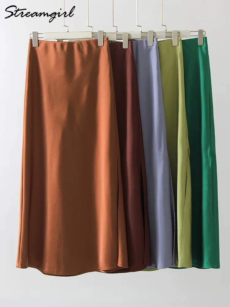 Black Slit Satin Silk Skirt Women Maxi Spring Summer 2025 Elegant A Line Slit Skirt Satin Ladies Office Long Skirts For Women 250227