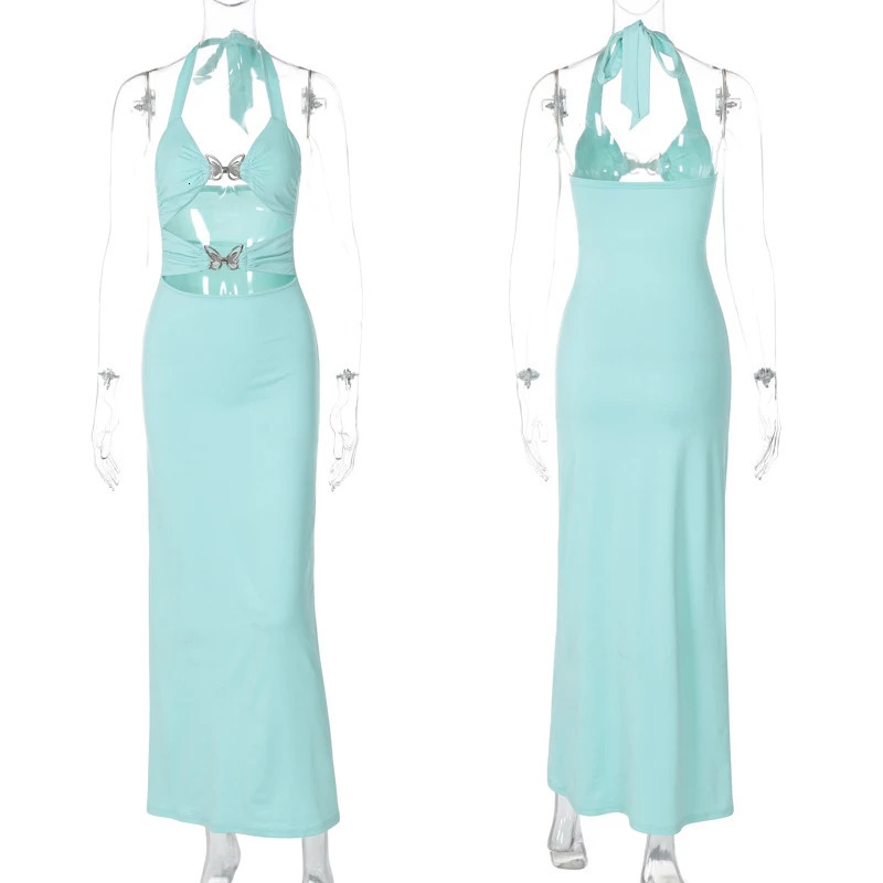 Sexy Hollow Maxi Womens Summer Fashion Bow Sleeveless Tight Evening Dress Party Dress Club Set 250226