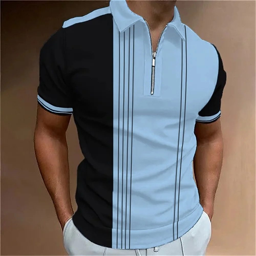 Striped printed short sleeved polo shirt for summer golf highquality top simple mens clothing loose and oversized pullout 2023 250228