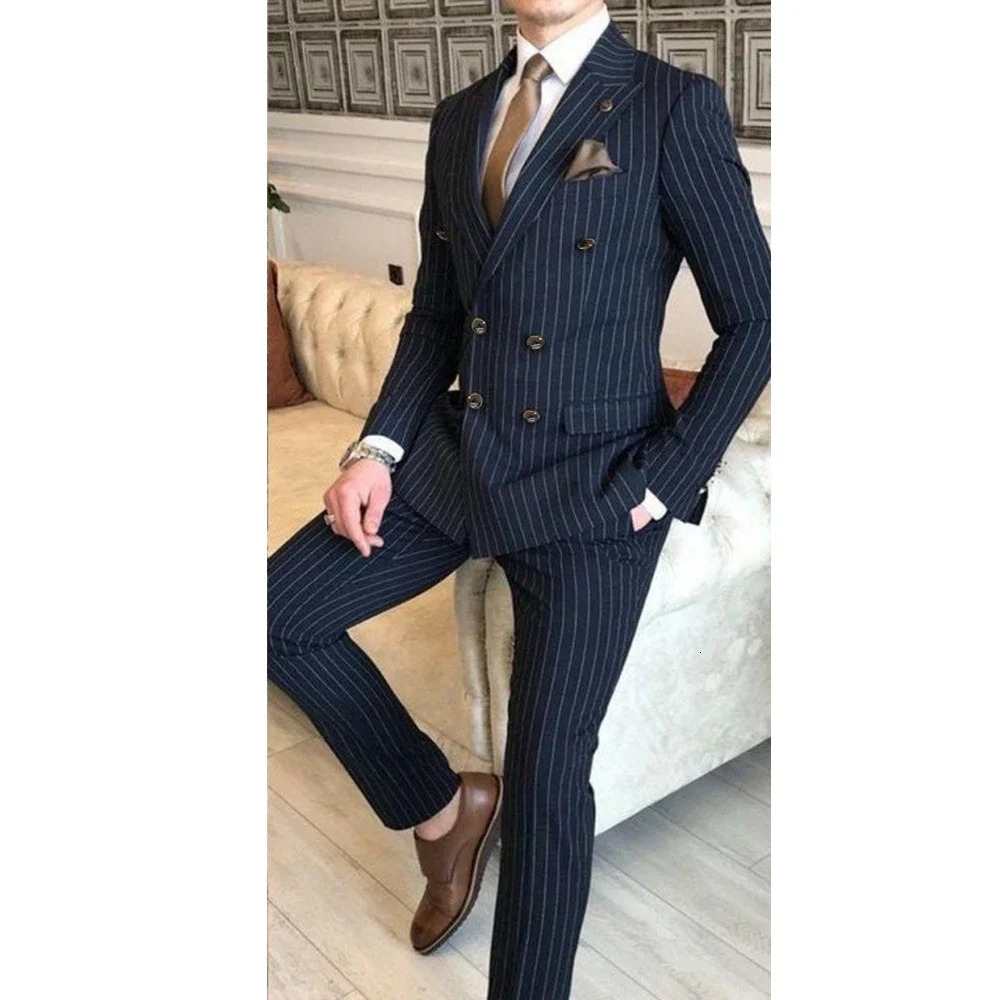 Handsome Navy Blue Suits for Men Lapel Double Breasted 2 Pieces Jacket Pants Costume Homme Terno Prom Party Male Clothing 250224