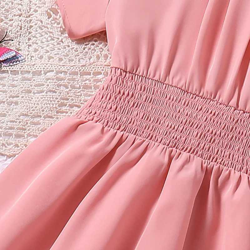8-12Ys Pink Short-Sleeved Dress Kids Girls Round Neck Fashion Grace Cute Sweet Vacation For Daily Casual Princess DressXJ250228