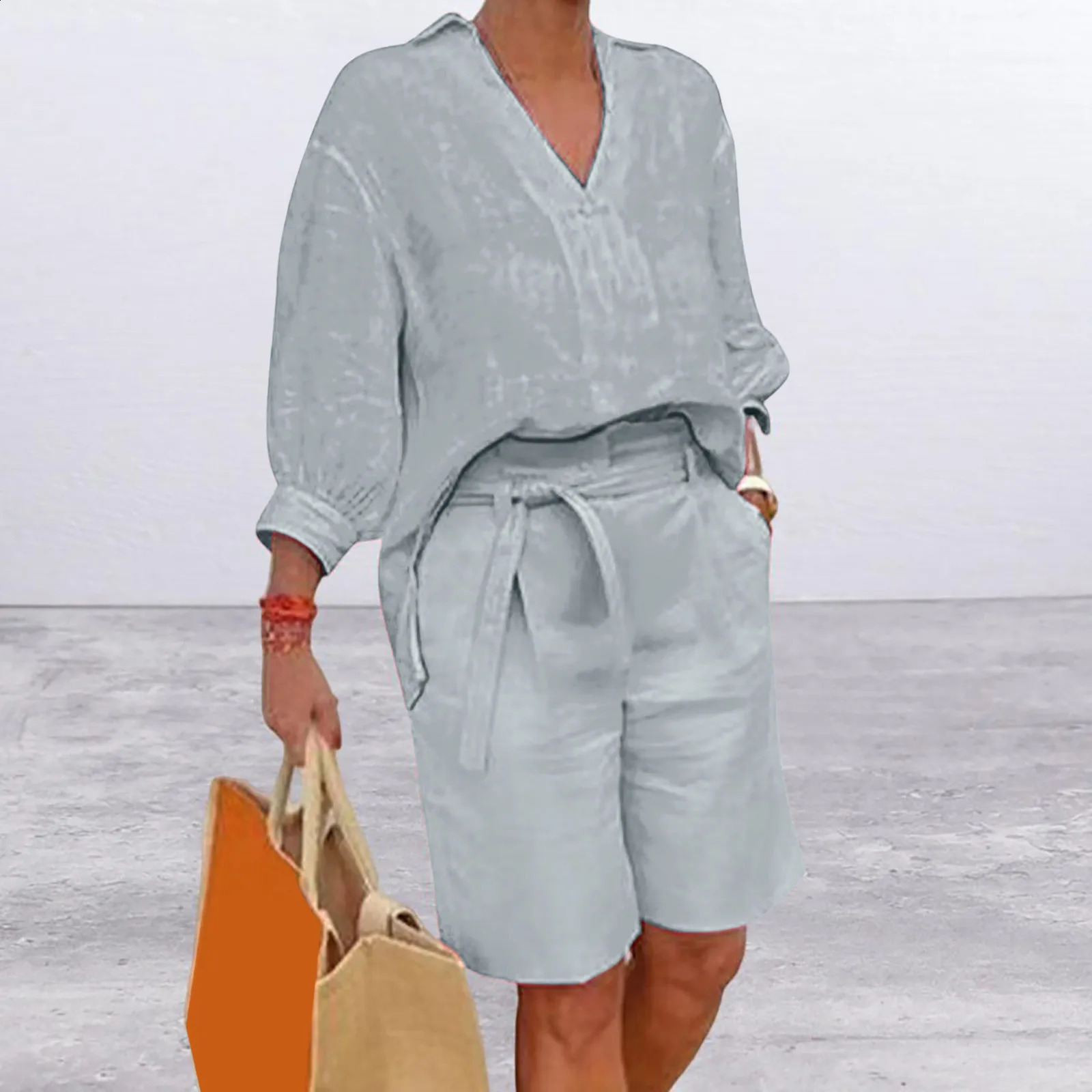 Fashion Half Sleeve VNeck Shirt Casual Loose Two Piece Set For Women Straight Pocket Belt Pants Summer Cotton Linen Suit 250228