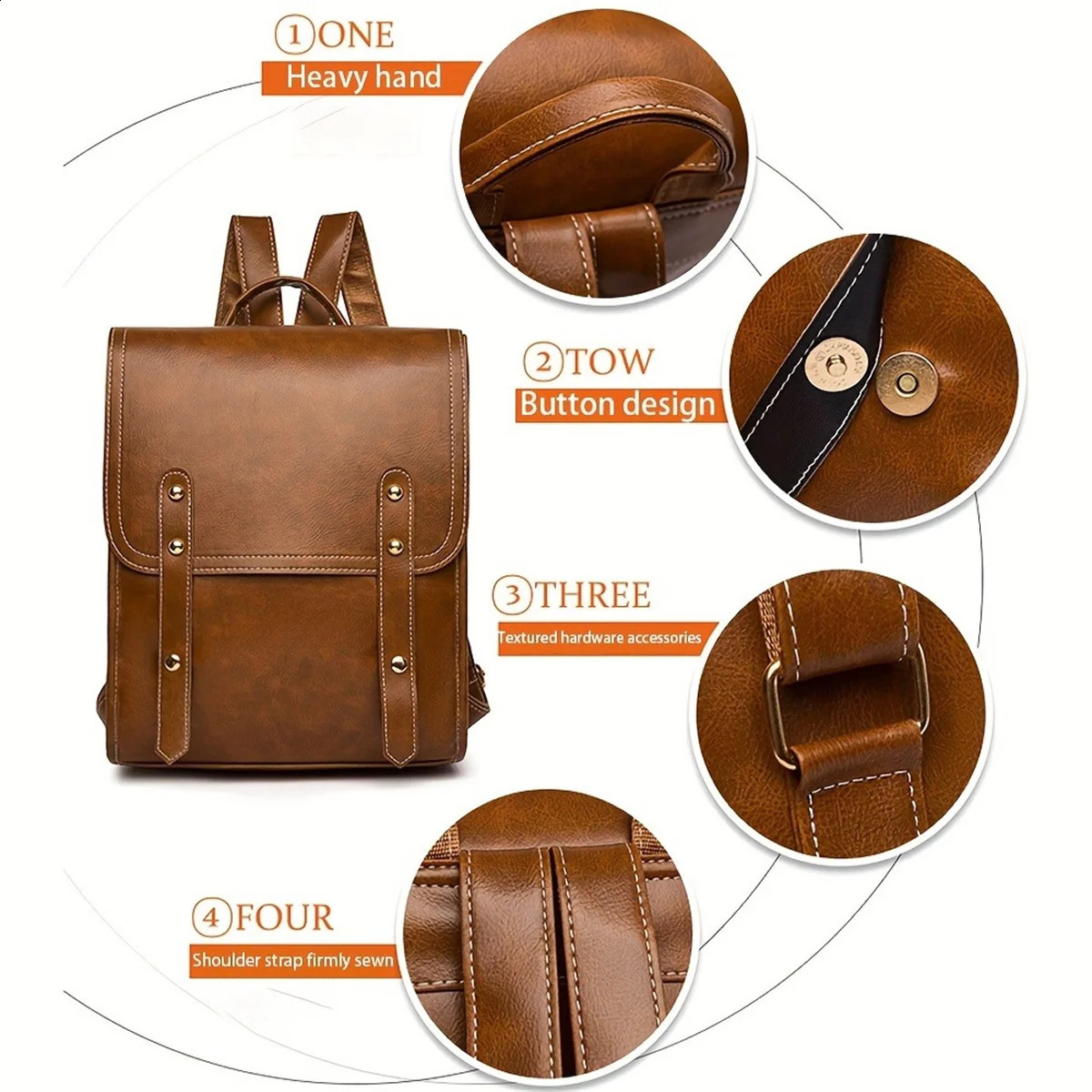 Ship from US Vegan Leather Backpack Vintage Laptop Bookbag For Women Men Brown Faux Purse Weekend Travel Daypack 250304FBB