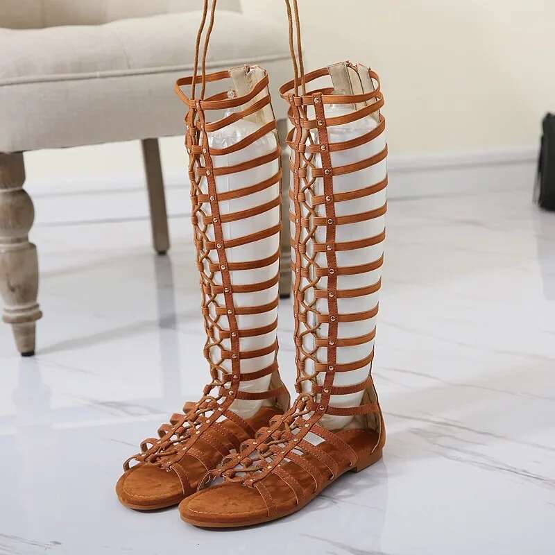 Women Strappy Open toe Knee High Summer Gladiator Flat Sandals Roman Bandage Casual Boots shoeskf65