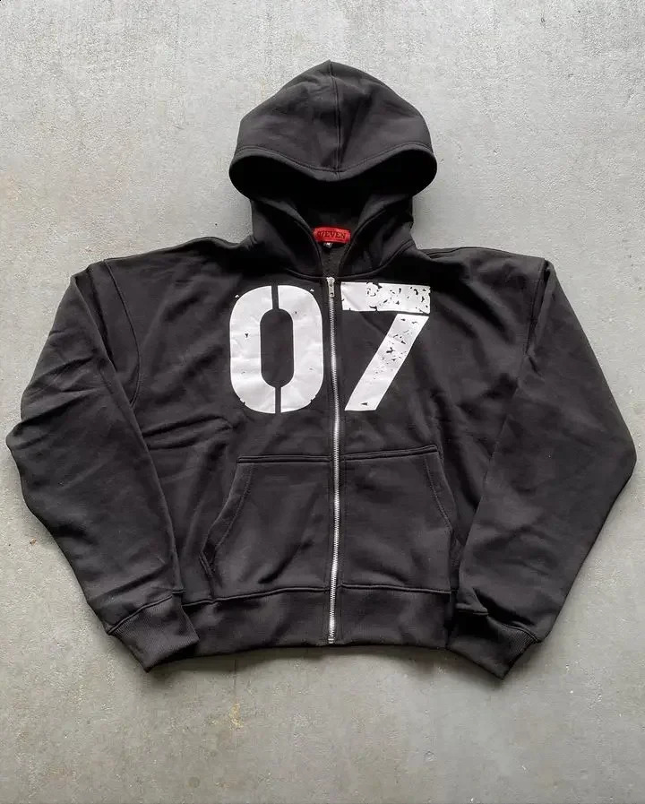 High Street Fashion Clothing Alphanumeric Printed Zipper Hoodie Sweatshirt Colorful Waist Oversized Sweatpants Men 250809