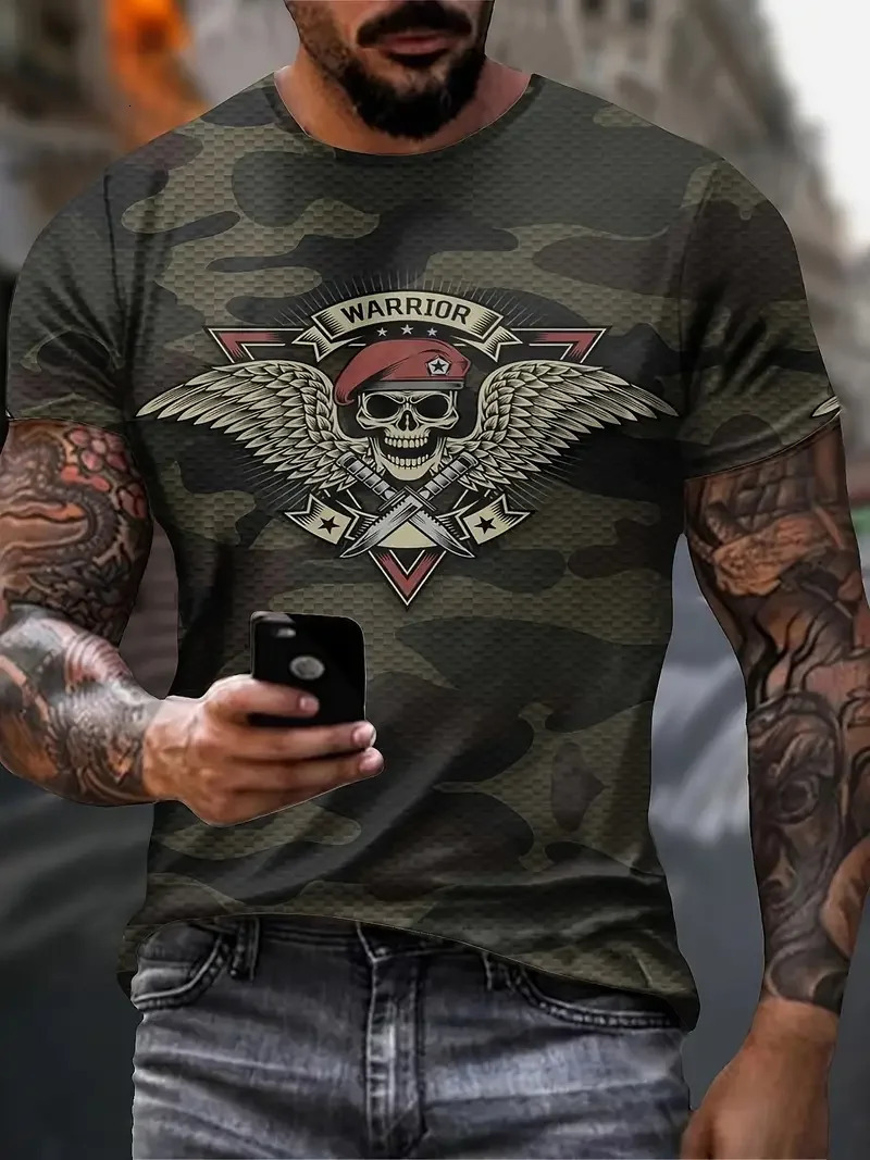 Summer Outdoor Mens T Shirt 3d Skull Warrior Camouflage Print Man Trendy Color Block Short Sleeve Tee Crew Neck TShirt Clothes 250225