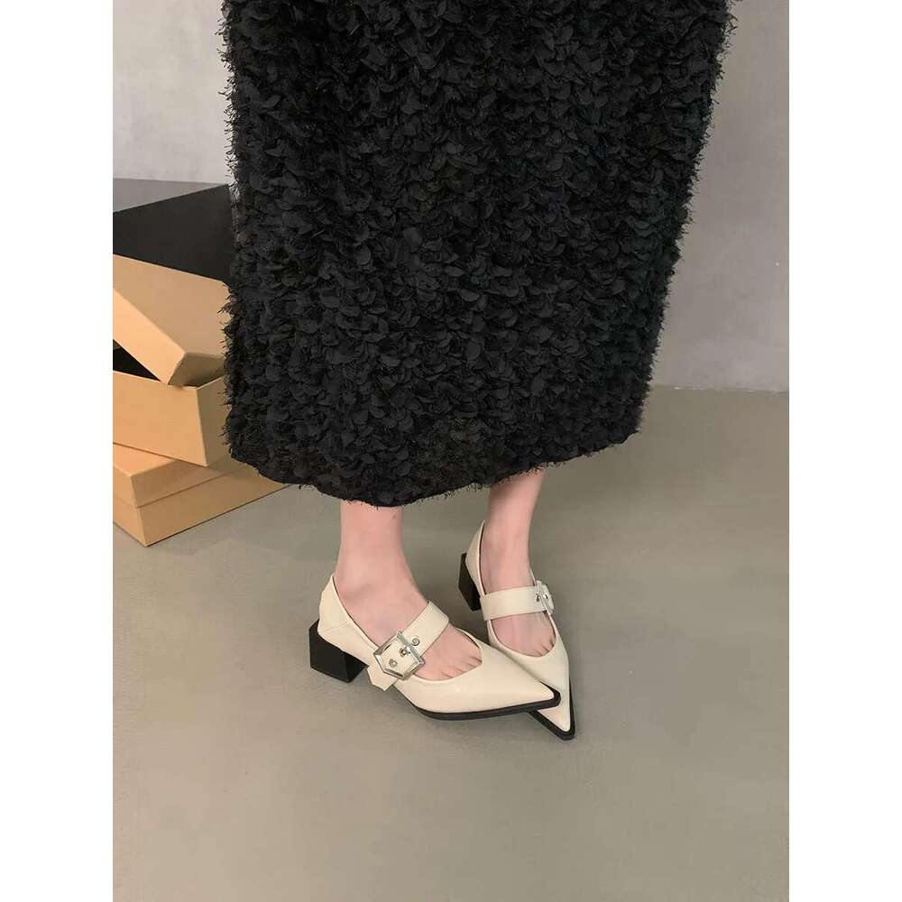 Retro Pointed Mary Jane Small Leather Shoes for Women Autumn and Winter New Korean Version of Chunky Heel Loafers