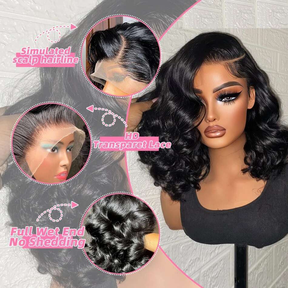 Brazilian Body Short Bob 13x6 HD Frontal 13x4 Transparent Front Human Hair Wigs Water Wave 5x5 Lace Closure Wig
