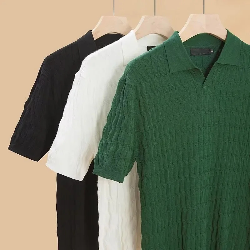 Summer Solid Casual Polo Shirts Mens Sexy Slim Fit V-Neck Knitted Tops Mens Jacquard Short Sleeve Shirts Leisure Knitwear 250224CJ