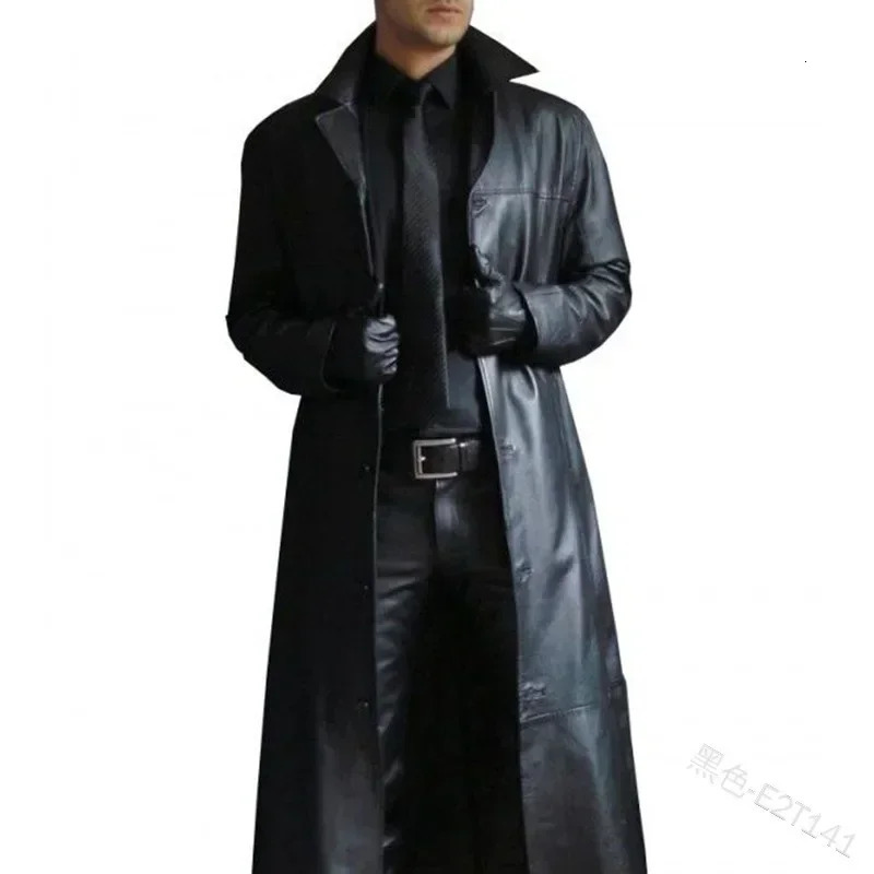 Mandylandy Men Faux Leather Trench Fashion Long Sleeve Autumn Windbreaker Coat Jacket Mens Outwear 250225
