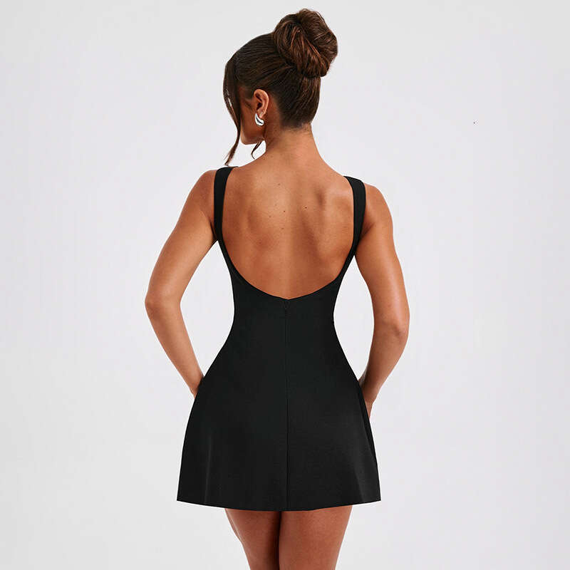 M24DS068 European and American style summer women's solid color round neck sleeveless backless high waisted dress wholesale 2025 new casual fashi