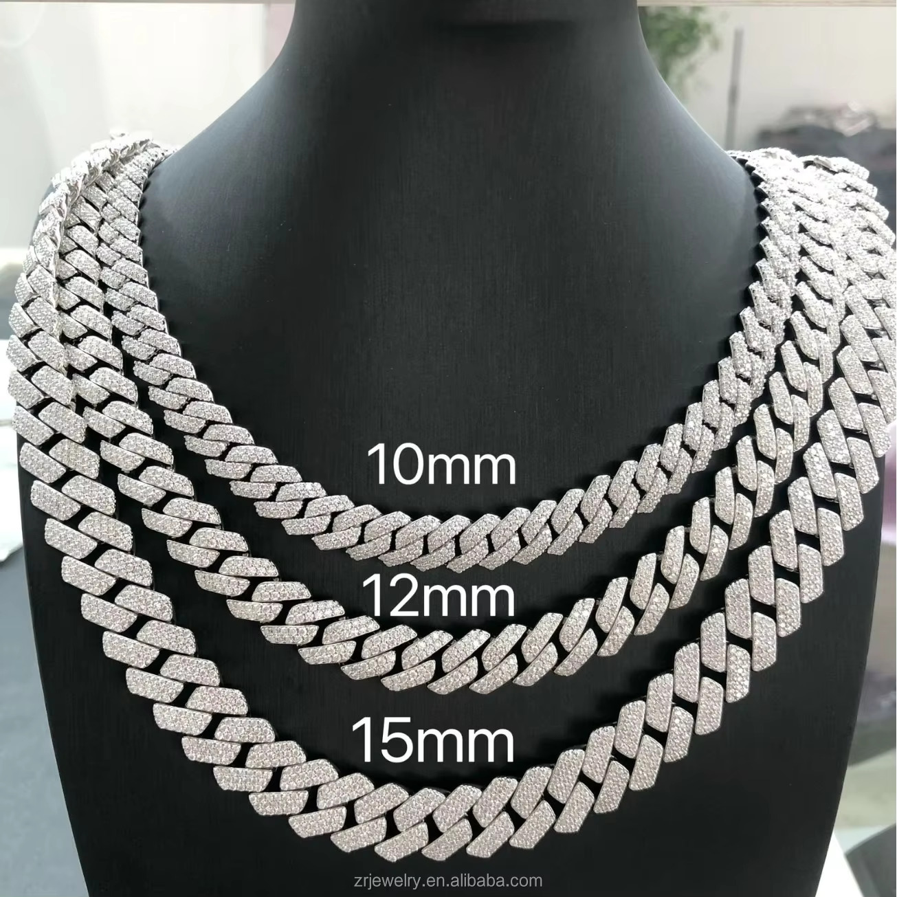 Miami Cuban Link Hip Hop Moissanite Necklace 8mm 10mm 12mm 15mm VVS 925 Sterling Silver Moissanite Cuban Chain