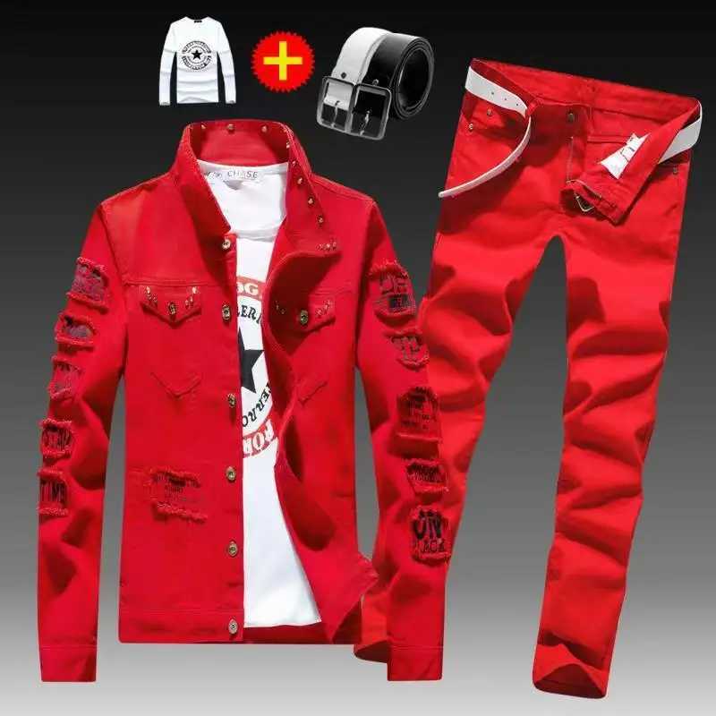 Spring Autumn Mens Denim Jacket + Jeans Pants Set Fashion Single Breasted Coat Trousers Two Piece Denim suit X250228