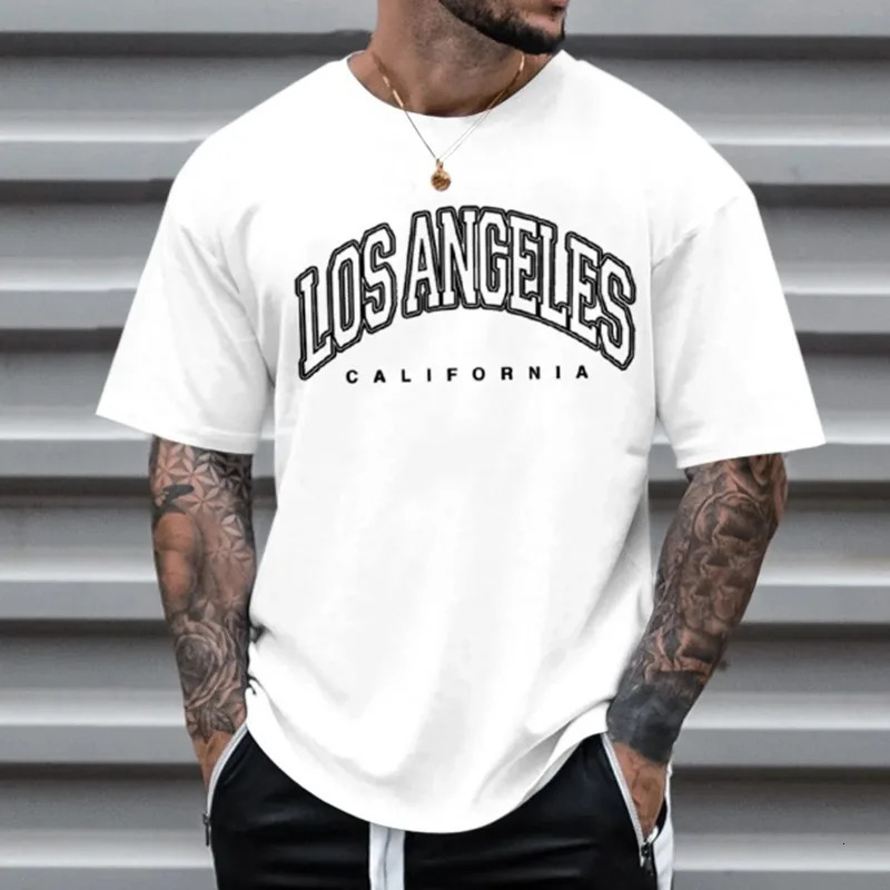 Los Angeles letter printed Tshirt fashionable mens European and American retro style short sleeved plus size 250312
