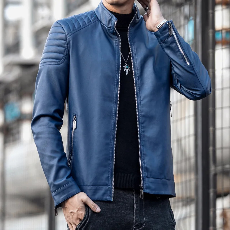 2024 Moto Pu Leather Jacket Men Winter Leahter Male Stand Collar Casual Windbreaker Trendy Mens Clothing Black Blue 250225