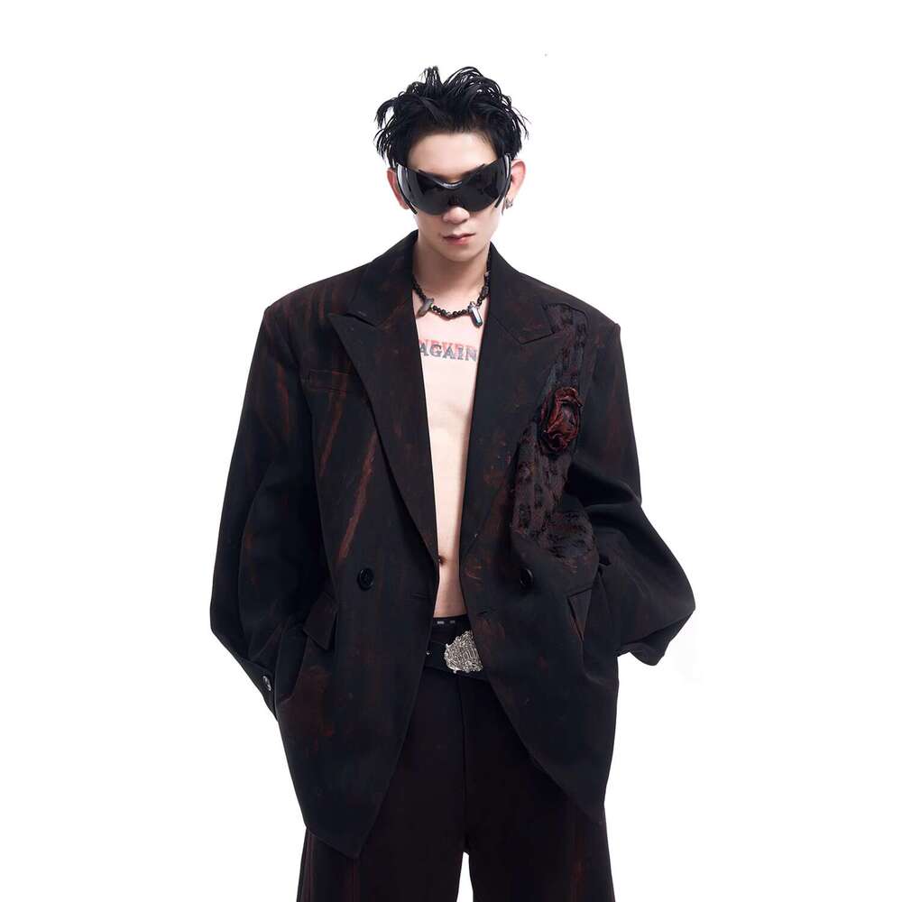 Leather Pants STARTEXCEEDED "Night Rose" Handmade Graffiti Jacket For Men's Autumn And Winter Nightlife High-End Suit coat