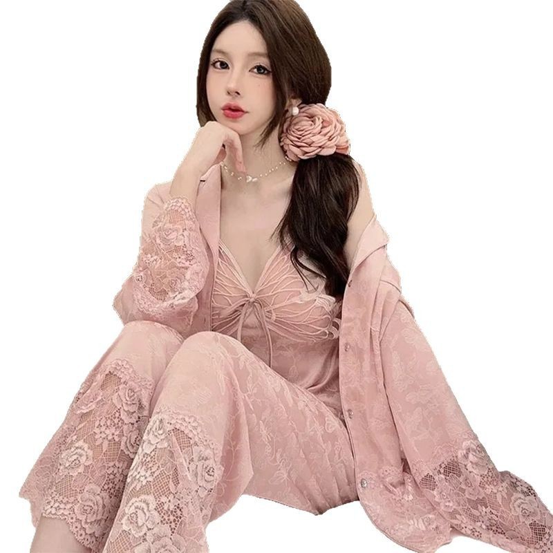 D99 Ice Snow Silk Sexy Spring Lace Pajamas Long Sleeve Spring and Autumn Suspenders Home Clothes