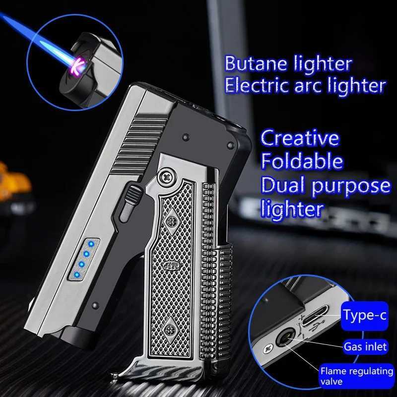 New Windproof Gas-Electric Plasma Type C USB Rechargeable Lighter Gift Men Folding Gun Butane Torch Turbo Jet Flame Cigar Lighter Y250228
