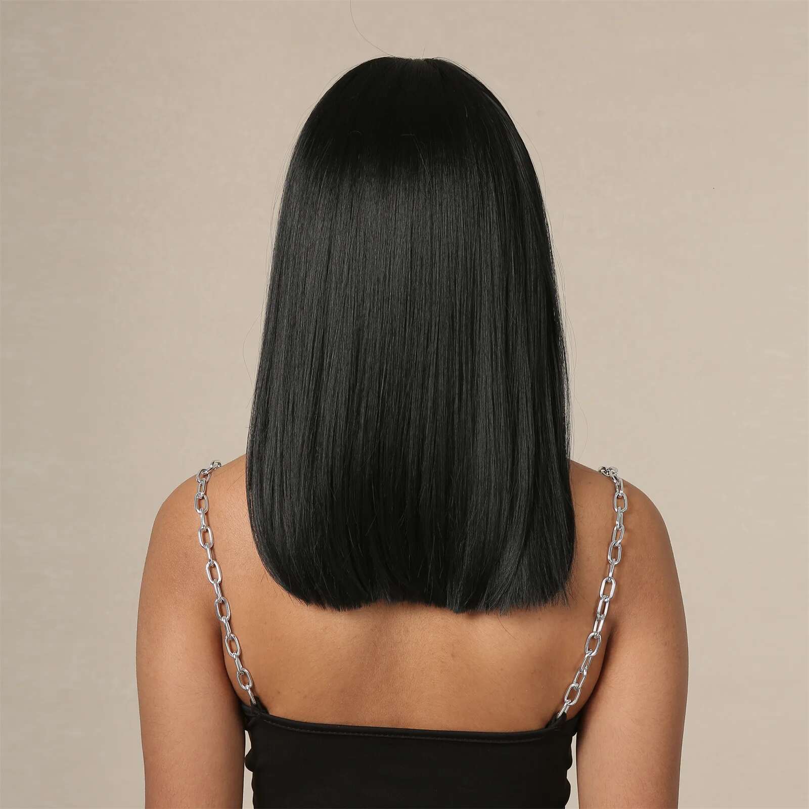 Straight Black Bob Synthetic With Bangs Medium Long Cosplay Layered Wigs For Woman Natural Hair Daily Wig Heat Resistant