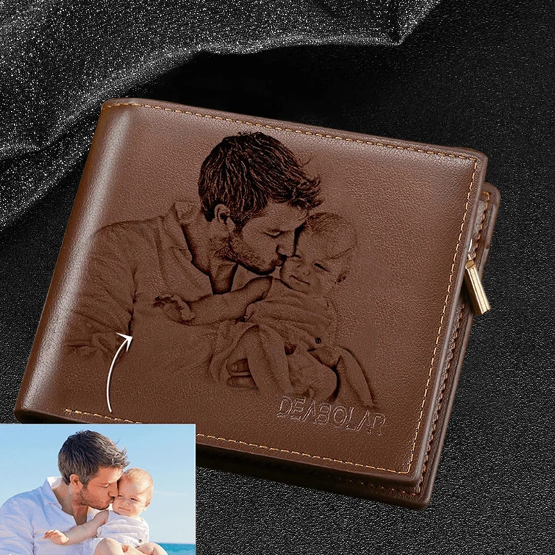 Ship from US Engraving Picture Wallet DIY Customized Image Carving Text Mens Short Slim Three Fold Leather Fathers Day Zipper Coin Purse 250228FBB